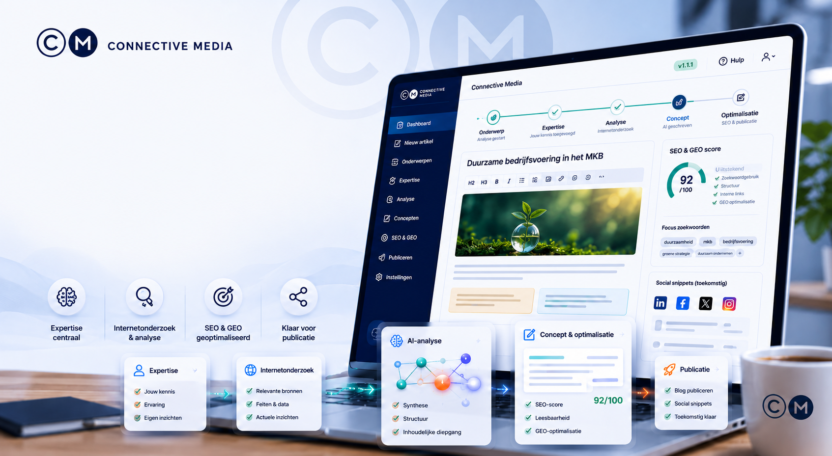 Dashboard van de Connective Media content assistent voor AI-assisted contentcreatie en SEO-optimalisatie.